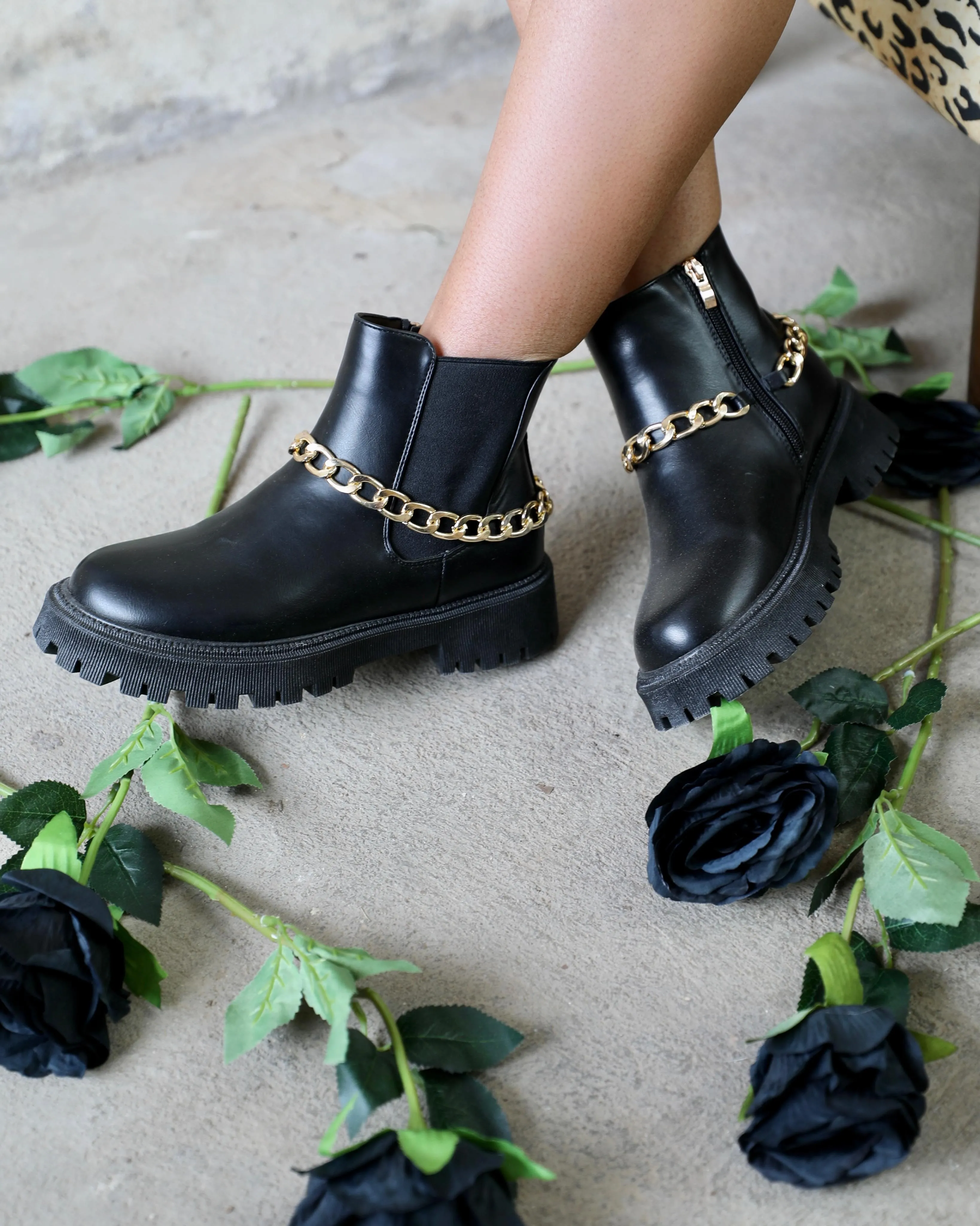 Black Chunky Gold Ankle Chain Booties