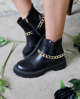 Black Chunky Gold Ankle Chain Booties