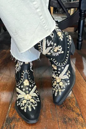 Black Floral Embroidered Short Boot