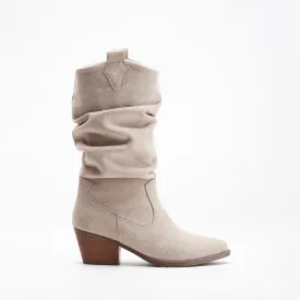 Bonnie - Beige Suede Slouch Western Boots