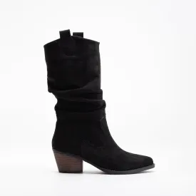 Bonnie - Black Suede Slouch Western Boots