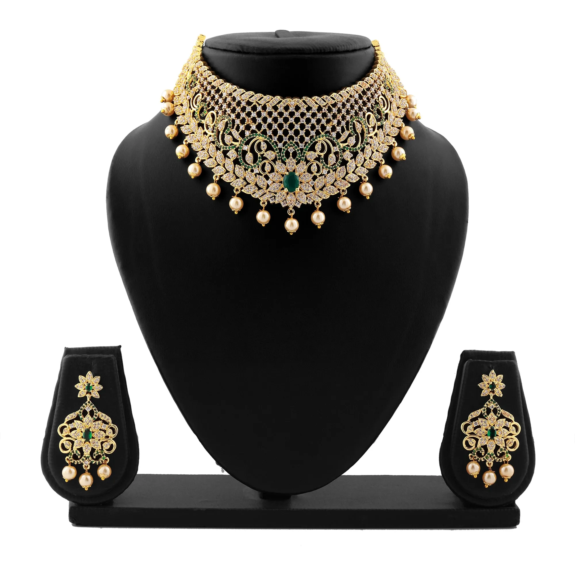 Estele Gold Plated CZ Grand & Gorgeous Bridal Choker Set with Pearls & Green Stones for Women