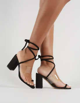 Mia Lace Up Block Heeled Sandals in Black Faux Suede