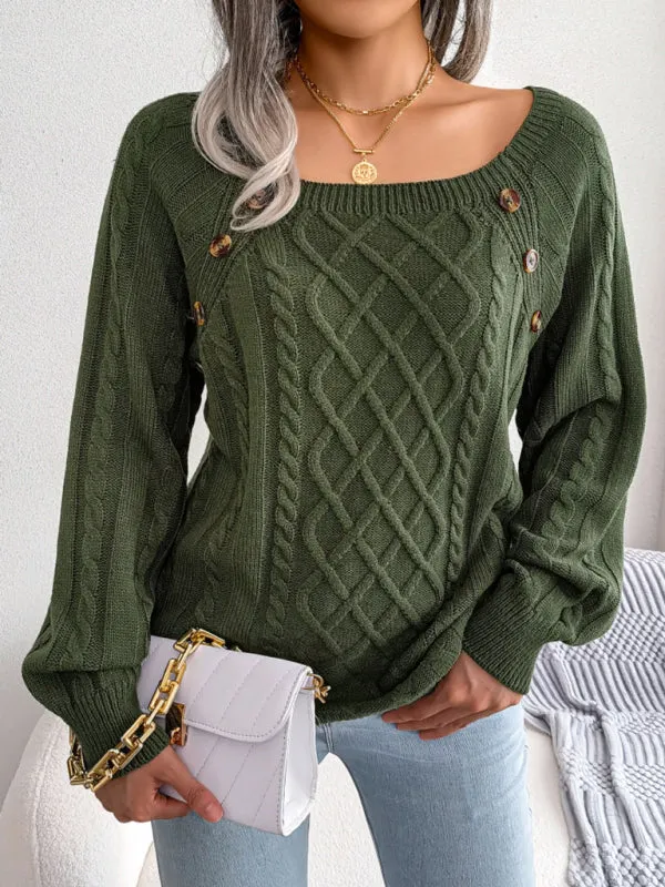 Women's Square Neck Button Twist Knit Pullover Sweater