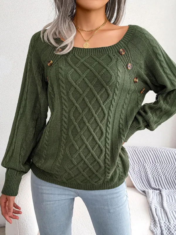 Women's Square Neck Button Twist Knit Pullover Sweater