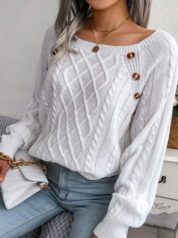 Women's Square Neck Button Twist Knit Pullover Sweater