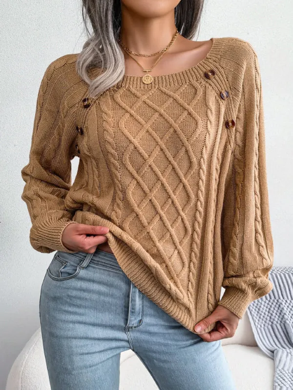 Women's Square Neck Button Twist Knit Pullover Sweater