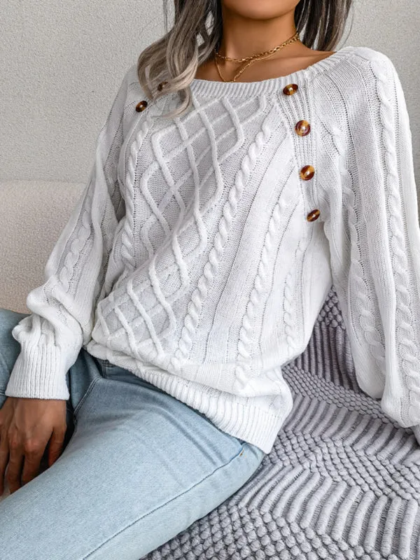 Women's Square Neck Button Twist Knit Pullover Sweater