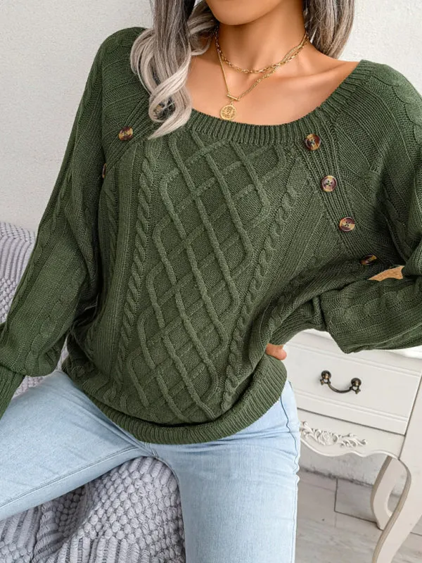 Women's Square Neck Button Twist Knit Pullover Sweater