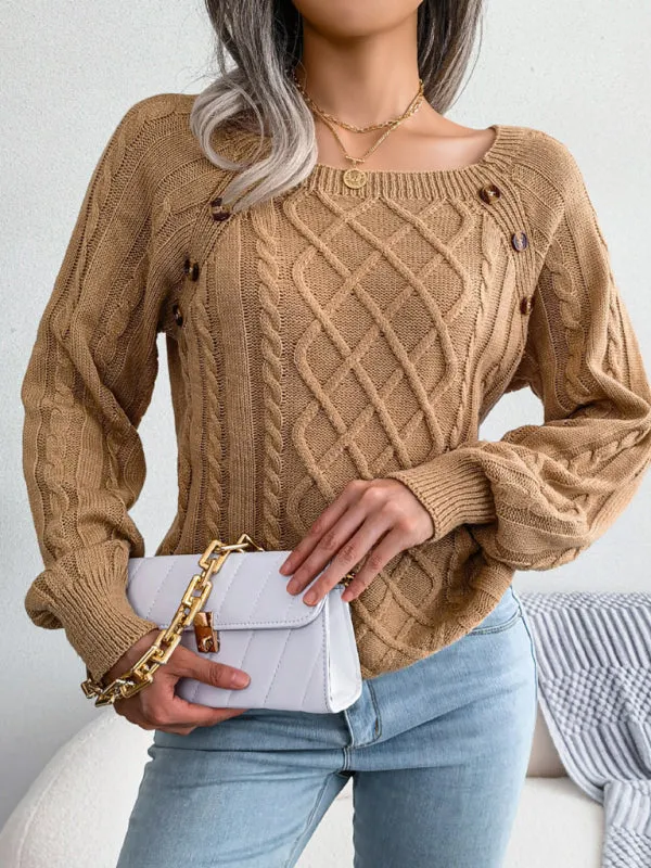 Women's Square Neck Button Twist Knit Pullover Sweater